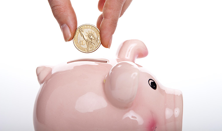 Person adding coins to piggy bank.