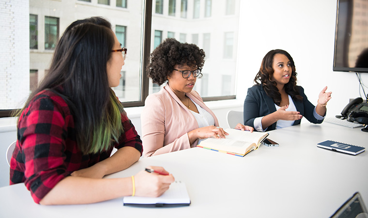 Women engaged in discussion at conference table.