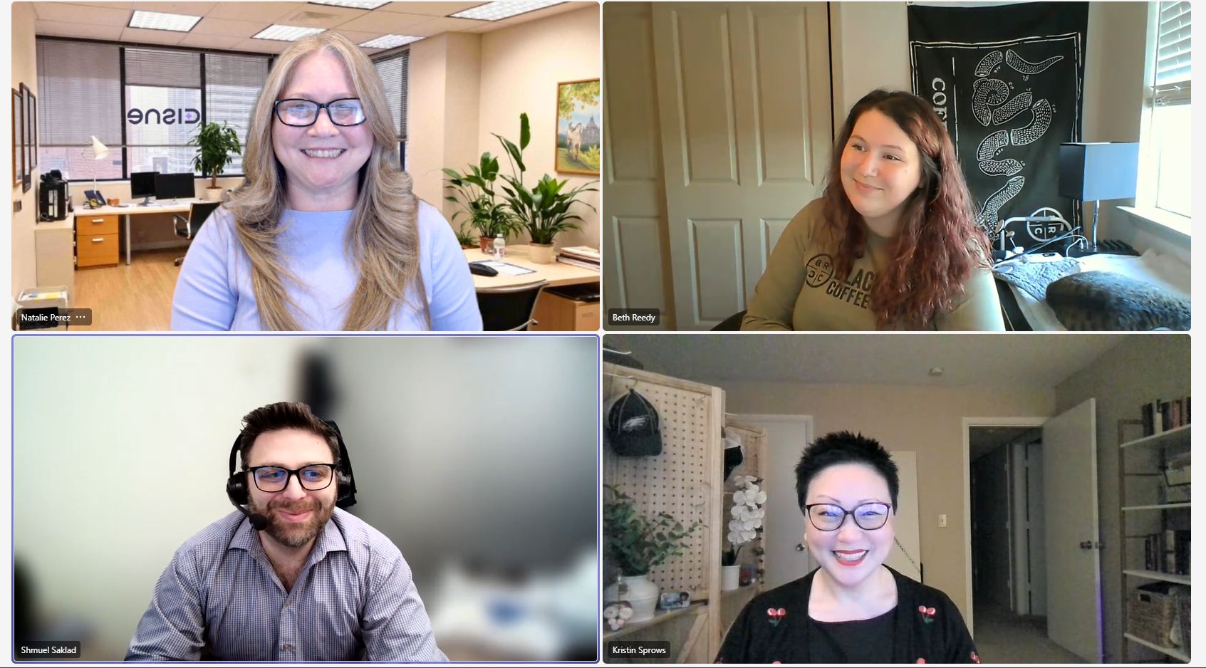 a group of four people attending an ICMI Community Coffee Chat for contact center professionals