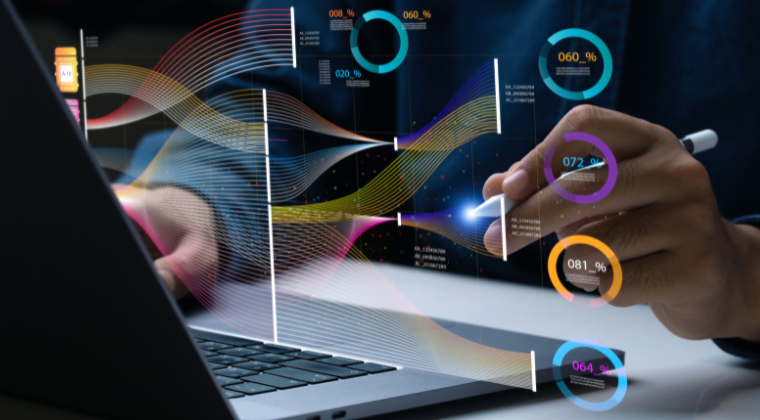 Graphic depicting a businessperson reviewing data.