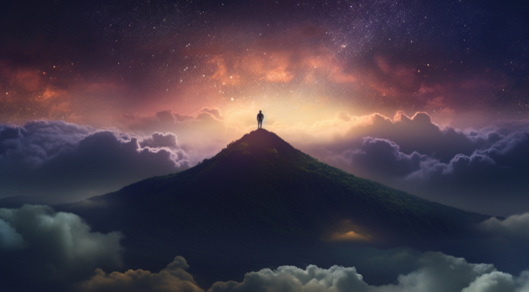 Illustration of a man at the pinnacle of a summit, generated by AI.