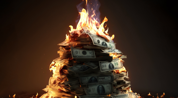 Graphic depicting a pile of burning money.