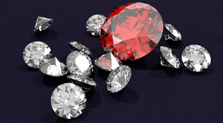 Graphic depicting diamonds and a ruby.