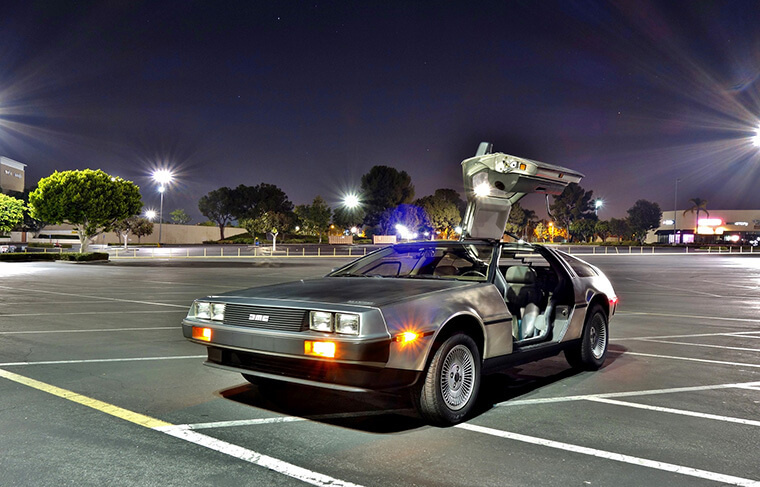 Delorean in a parking lot, recalling "Back to the Future"
