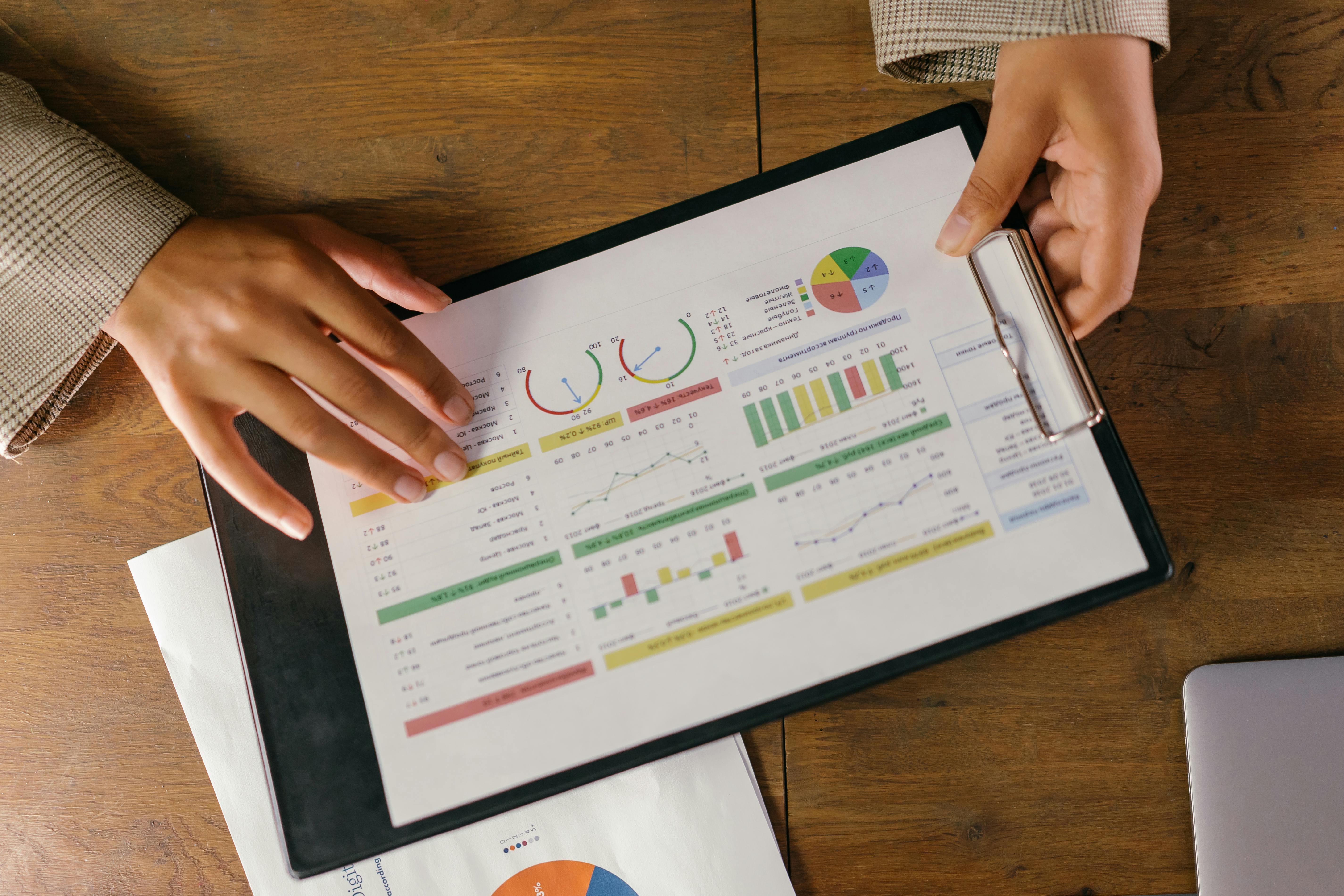 Charts and graphs on a clipboard representing key metrics and performance analysis in contact centers.