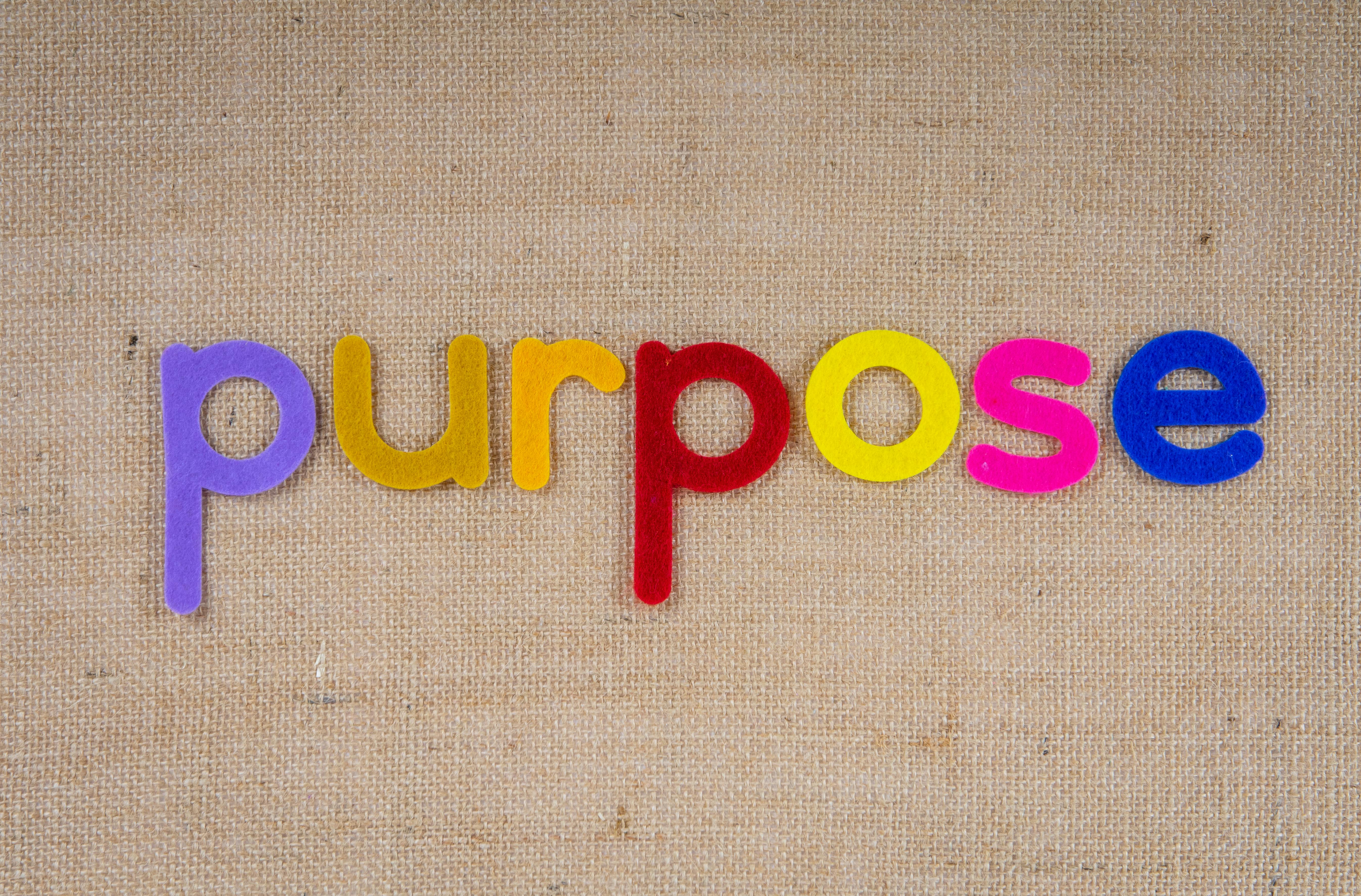 Colorful cutouts of the word "Purpose" arranged on a white background, symbolizing clarity, teamwork, and mission-driven work.
