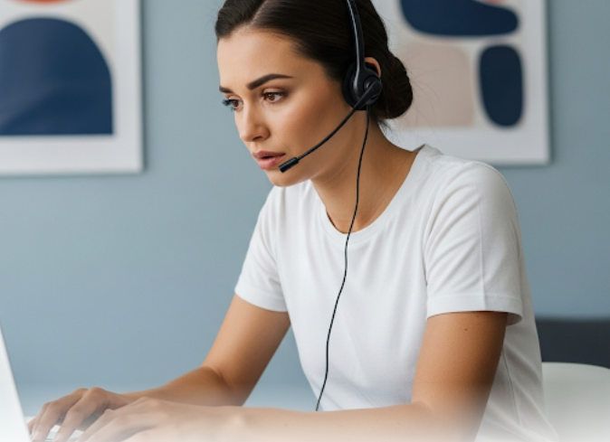 An emotionally drained contact center agent, a young woman with dark brown hair and a headset, sits at her modern desk with artwork on the wall, conveying the emotional toll of customer service work.