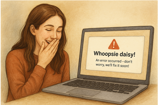 a woman sitting at a computer laughing at a 404-error message