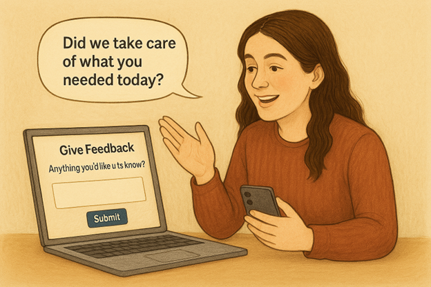 an illustration of a woman sitting at her computer with a customer survey on the screen