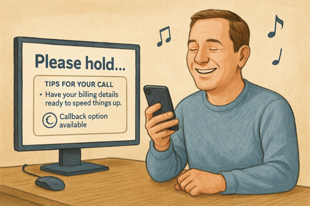 illustration of a man sitting in front of a computer on the phone waiting on hold with customer service