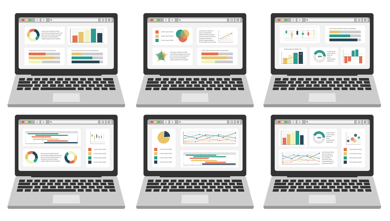 a graphic of six open laptops with metrics reports on the screen