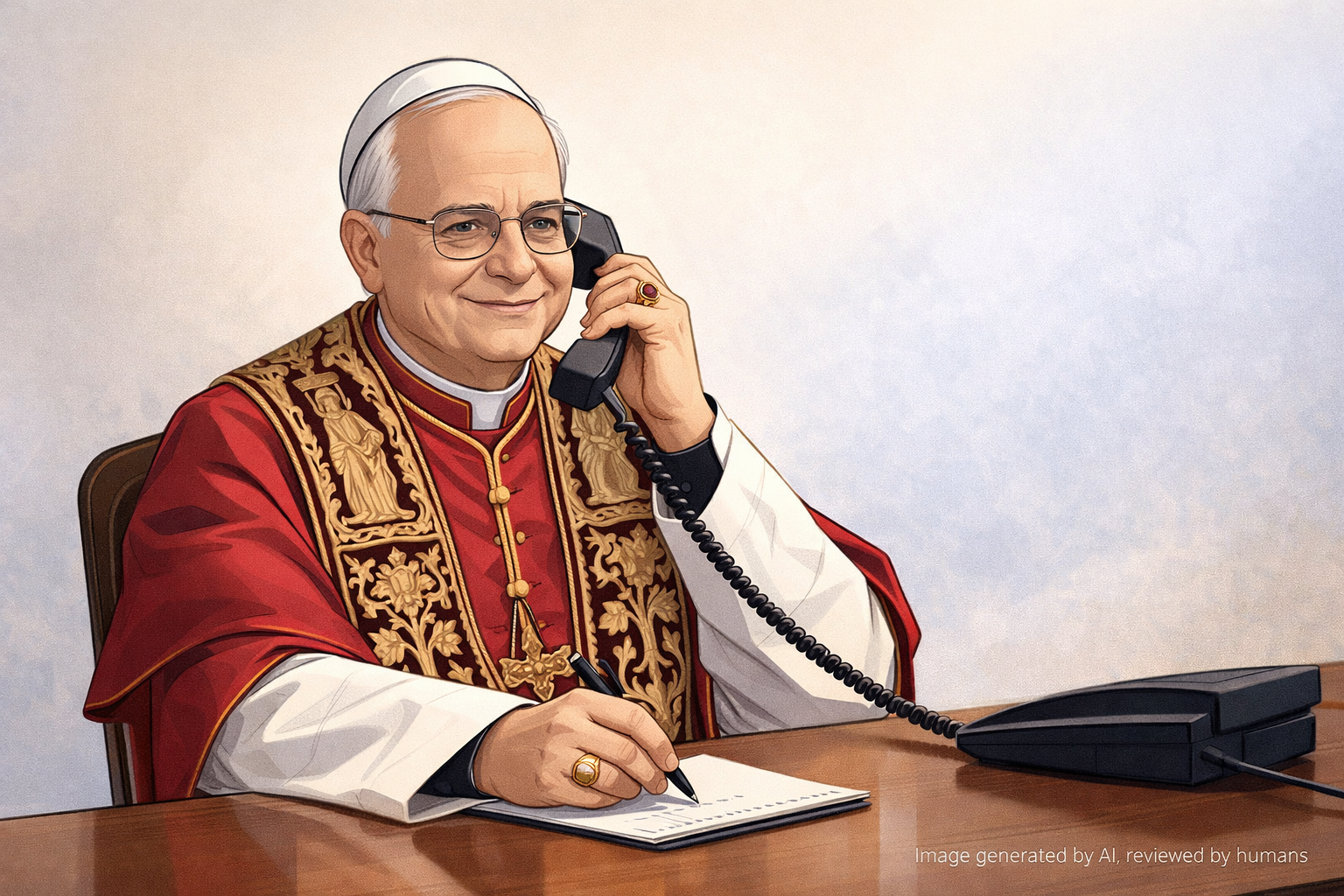 an AI generated image of the Pope sitting at his desk on the phone waiting for customer service to answer
