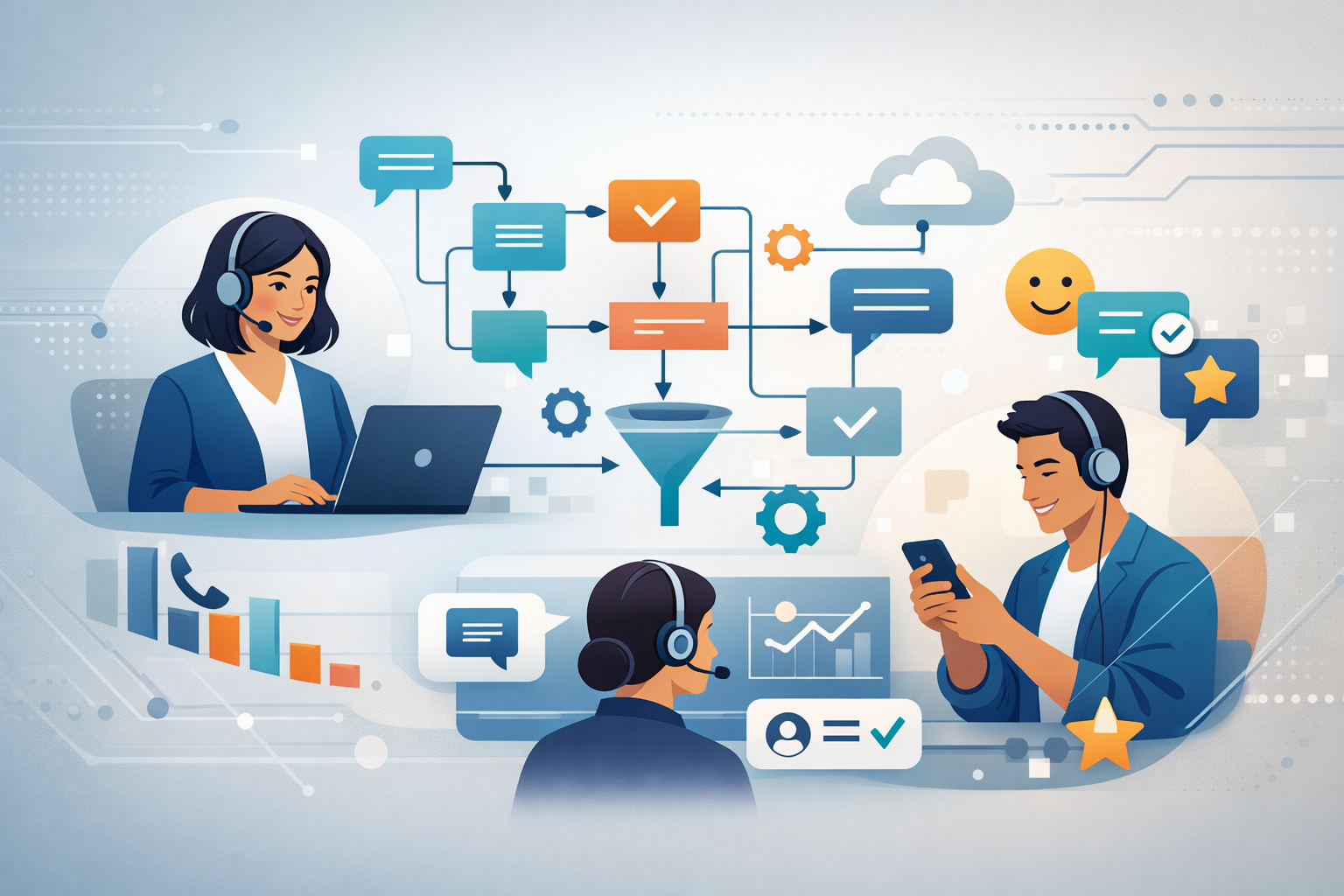 Modern contact center illustration showing an itelligent IVR system connecting customers, agents, self-service options, analytics, and automated workflows to improve customer experience and reduce call volume